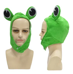 Close-up detail of the cute green frog plush hood showing big eyes and soft fabric design.
