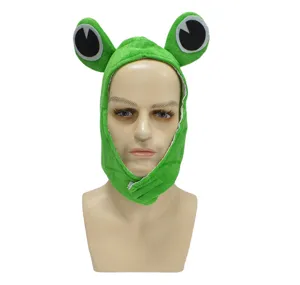 Cute green frog plush hat detail view, funny big eye animal headwear for kids party performance accessories