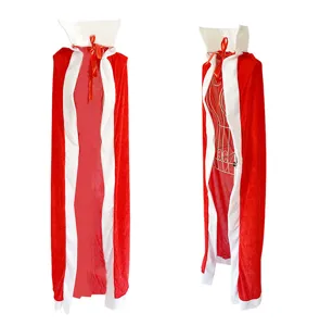 Detailed view of the red and white velvet cosplay cape, showing the collar and tie.