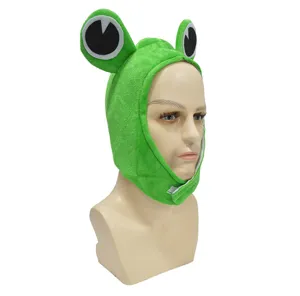 Green plush frog hat detail, cute cartoon big eye design, soft fabric for kids fun.