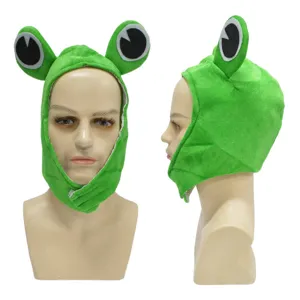 Cute green frog plush hat with big eyes, funny cartoon animal headgear for kids performance.
