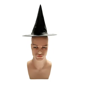 Clasico sombrero de bruja negro de tela oxford, ideal para fiestas de Halloween.