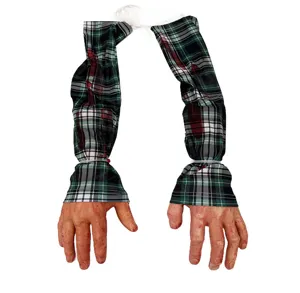 Halloween bloody fake severed hands with plaid sleeves prop for spooky party decor.