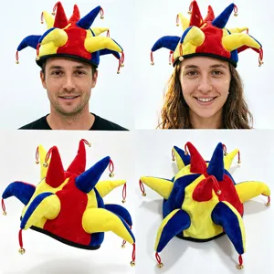 Colorful plush jester hat with bells for Halloween party, funny costume headwear prop.