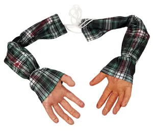 Halloween hanging bloody fake hands prop with plaid sleeves for haunted house party decor