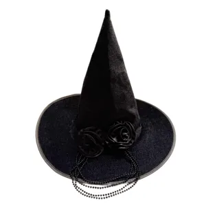 Black Halloween witch hat with roses and beaded chains for costume party dressing up headwear.