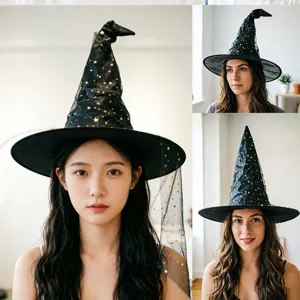 Halloween black witch hat with gold stars and mesh veil magic wizard costume party headwear