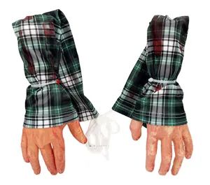 Halloween bloody severed hands prop, realistic zombie fake arms for spooky holiday party decor.