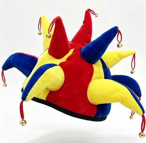 Detail view of the colorful velvet jester hat featuring multiple horns and gold bells.