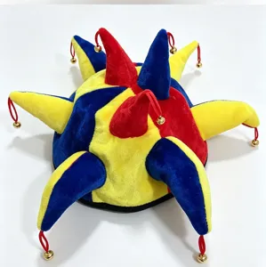 Colorful plush jester hat with bells for Halloween party, festive stage performance headwear.