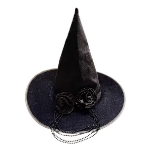 Black witch hat for Halloween party, pointed costume hat with black fabric roses and bead chains.