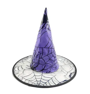 Detailopname van een paarse heksenhoed met zwarte spinnenwebben voor een Halloween feest.