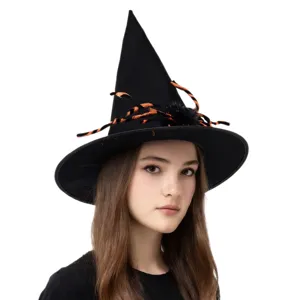 Black Halloween witch hat with spider decoration, pointy wizard costume party headwear.