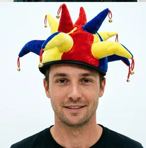 Funny jester hat for Halloween party, colorful plush performance hat with little bells.