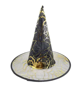 Halloween zwarte gouden heksenhoed spinnenweb tovenaar feest cap kostuum accessoire