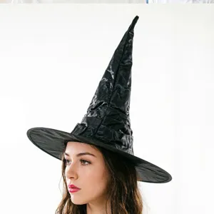 Black witch hat for Halloween party, classic pointy wrinkled wizard costume headwear for women.