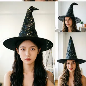 Halloween black witch hat with gold stars and mesh veil, perfect for party costume and cosplay events.