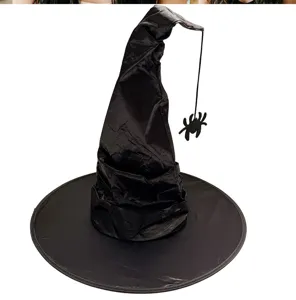 Black witch hat with drooping point and hanging spider, perfect for Halloween parties and cosplay.