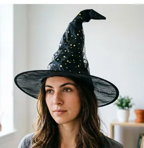 Black mesh Halloween witch hat with gold stars for party dress up costume and magical events.