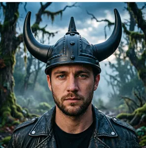 Casco con cuernos vikingo disfraz halloween tocado fiesta guerrero sombrero negro detalle