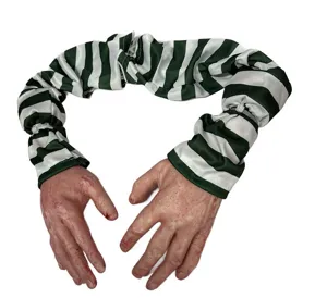 Halloween bloody severed fake hands prop with green striped sleeves for scary party hanging decoration