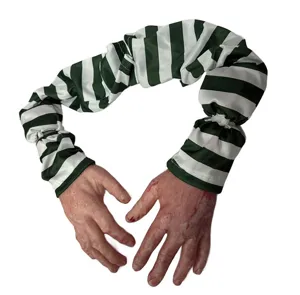 Halloween bloody fake hand prop with striped sleeve, ideal for spooky party decoration.