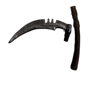 Detail view of the Halloween grim reaper plastic sickle toy blade and handle components.