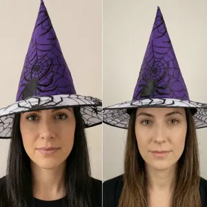 Halloween paarse heksenhoed met spinnenweb design, perfecte feestkostuum puntige hoofdtooi.