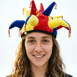 Colorful jester hat for parties, multi-point carnival hat with bells for holiday events main view