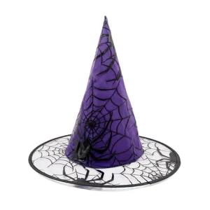 Paarse Halloween heksenhoed met zwart spinnenweb en spin decoratie voor feestkostuum.