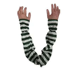 Halloween bloody severed arms hanging prop with striped sleeves spooky party decor.