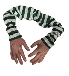 Halloween bloody fake hand prop with green white striped sleeve creepy zombie hanging decor.