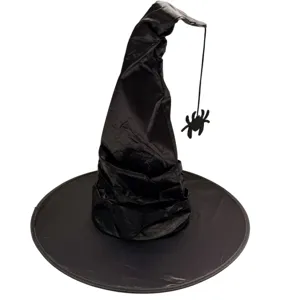Black pleated Halloween witch hat with hanging spider decoration for party costume and cosplay events.