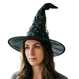 Black Halloween witch hat with gold stars, perfect for costume parties and dress up.