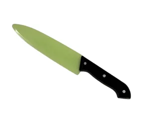 Vista de primer plano detallada que muestra la hoja del cuchillo de juguete de plástico verde.
