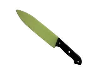 Detalle de primer plano de cuchillo accesorio hoja plástico verde mango negro para teatro.