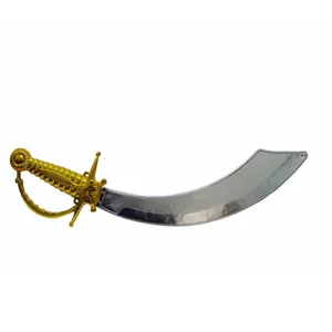 Children's toy pirate cutlass with gold handle and silver curved blade, ideal for Halloween parties.