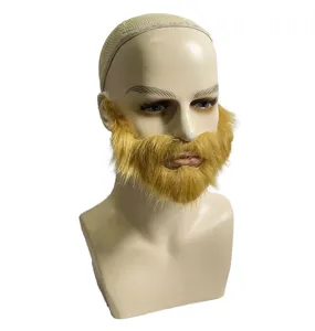 Primo piano dell'accessorio costume barba dorata su manichino, ideale per le feste di Halloween.