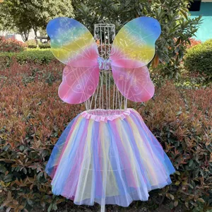 Kids Rainbow Butterfly Wings Tutu Skirt Set Children Angel Fairy Wings Performance Costume Props For Party Dress Up