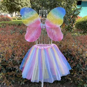 Kids rainbow butterfly wings and tutu skirt set for party performance costume dress up