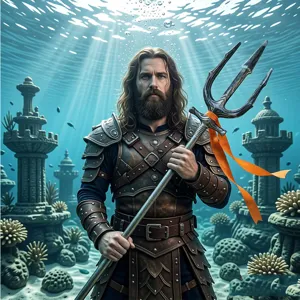 Underwater detail view of a metal trident prop featuring a striking orange ribbon and mystic ocean ruins.