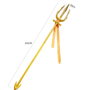 Gold trident weapon prop detail view, showcasing golden finish and orange ribbon, 141cm.
