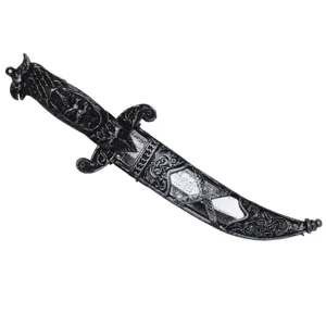 Detailed shot of a retro engraved plastic toy dagger with matching scabbard for party fun.