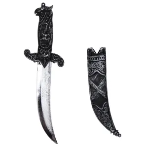Plastic dagger toy detail view with eagle handle and scabbard, suitable for party props.
