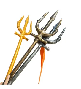 Close-up detail view of Halloween costume plastic trident weapons props in multi-color options.