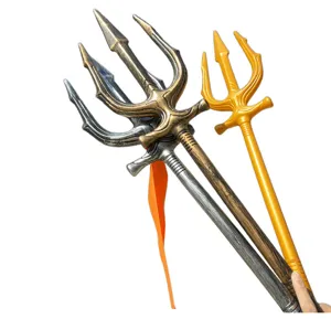 Close-up detail of Halloween trident cosplay props, featuring various classic textured finishes.