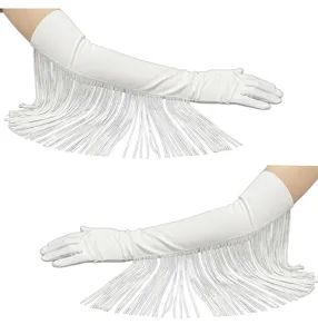 Lange weiße Fransen Handschuhe Damen Bühnenperformance Abendkleid Party Kostüm Accessoires