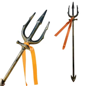 Halloween trident prop costume weapon golden finish with orange ribbon detail for party