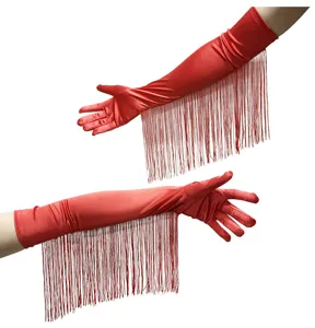 Rote lange Satin Fransen Handschuhe, stilvolle Abendparty Bühnenperformance Accessoires.