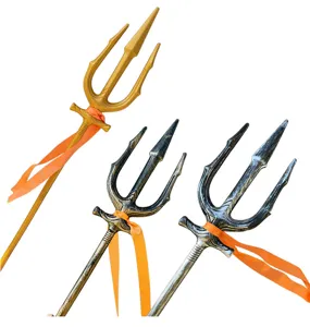 Detailed shot of Halloween trident costume props, classic mythological weapon design with ribbons.